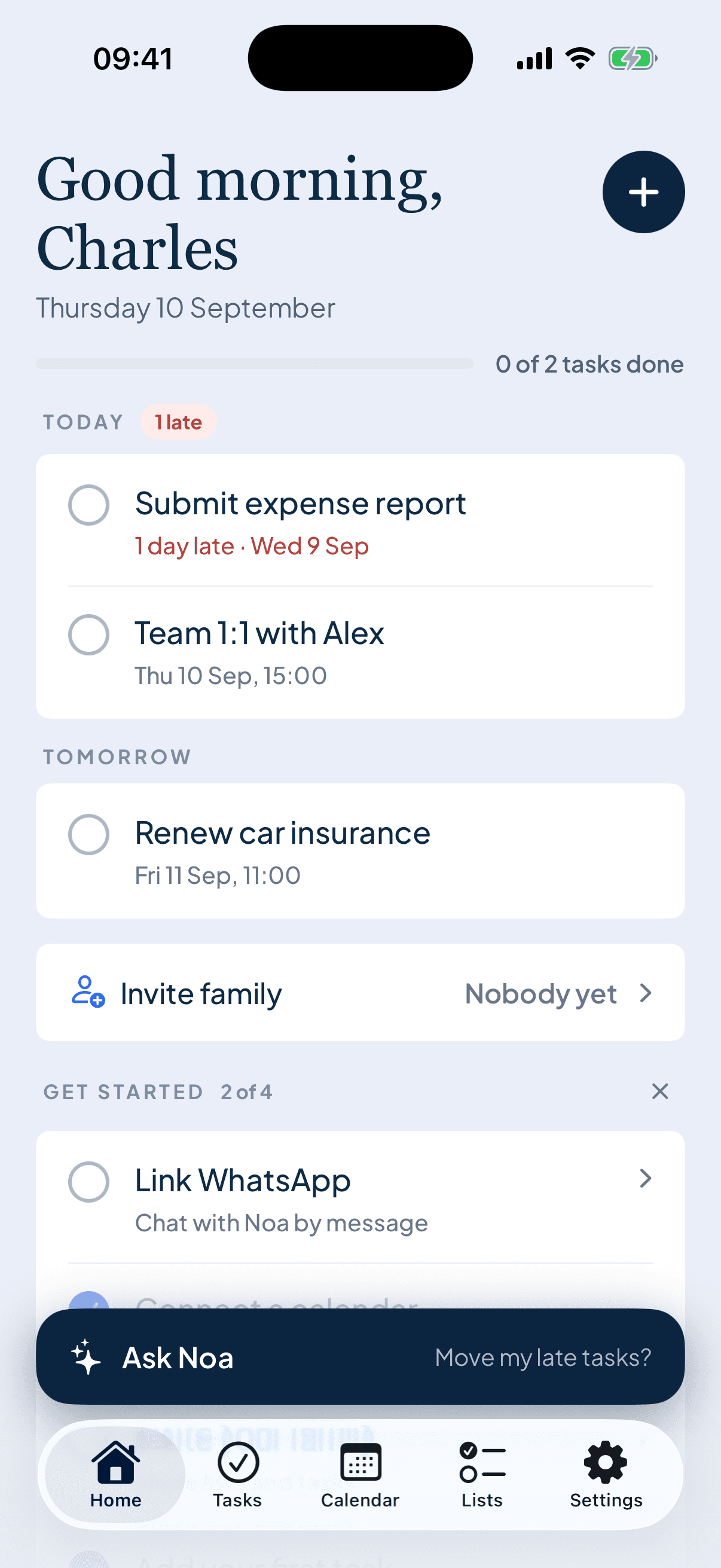 The Noa app's Home screen: today's tasks with one running late, tomorrow's plan, and the Ask Noa bar